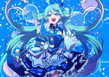 Rule 34 | 1girl, :d, absurdres, aqua eyes, aqua hair, badge, balloon, blue shirt, blush, bottle, collared shirt, commentary request, confetti, crown, detached sleeves, dress, earrings, eiku, frills, gloves, hair between eyes, hair ornament, hatsune miku, highres, jewelry, lawson, long hair, looking at viewer, milk bottle, mini crown, multicolored hair, open mouth, outstretched arm, pink streaks, ribbon, shirt, short dress, signature, single earring, sleeveless, sleeveless shirt, smile, solo, star (symbol), streaked hair, teeth, tilted headwear, twintails, upper teeth only, very long hair, vocaloid, wheat print, white gloves, white sleeves