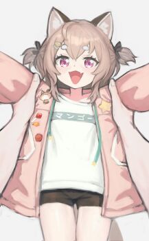 1girl animal_ear_fluff animal_ears black_ribbon black_shorts brown_hair clothes_writing fang hair_ornament hair_ribbon hairclip highres jacket komachi_panko komachi_panko_(4th_costume) lifting_person looking_at_viewer open_mouth phase_connect pov purple_eyes red_panda_ears red_panda_girl ribbon shirt short_shorts shorts simple_background sussynano thick_eyebrows twintails virtual_youtuber white_background white_shirt