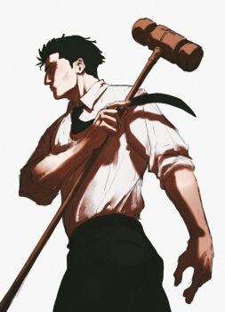 1boy black_hair black_necktie black_pants collared_shirt commentary_request hammer highres higuruma_hiromi holding holding_hammer jujutsu_kaisen male_focus necktie pants pedro_renji portuguese_commentary shirt short_hair simple_background sleeves_pushed_up solo white_background white_shirt