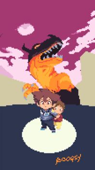 Rule 34 | brother and sister, brown hair, digimon, digimon adventure (movie), greymon, pixel art, pixelboogsy, siblings, yagami hikari, yagami taichi