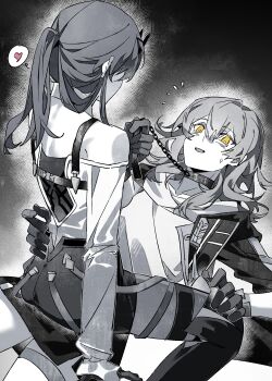 2girls absurdres animal_collar chain chain_leash collar gloves heart highres holding holding_leash honkai:_star_rail honkai_(series) kafka_(honkai:_star_rail) leash long_hair long_sleeves multiple_girls ponytail sitting sitting_on_person spoken_heart spot_color stelle_(honkai:_star_rail) trailblazer_(honkai:_star_rail) xianyuqihaouki yellow_eyes yuri