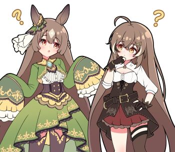 Rule 34 | 2girls, ?, ??, absurdres, ahoge, animal ears, ascot, asymmetrical legwear, belt, belt buckle, black thighhighs, blouse, blush, bow, braid, breasts, brooch, brown corset, brown eyes, brown gloves, brown thighhighs, buckle, center frills, cleavage, cleavage cutout, clothing cutout, commentary, corset, cropped jacket, crossed bangs, double-parted bangs, dress, english commentary, frilled sleeves, frills, gem, gloves, green jacket, green skirt, hair ornament, hairpin, half up braid, hand on own chin, hand on own hip, high-low skirt, high collar, highres, hololive, hololive english, horse ears, horse girl, jacket, jewelry, long hair, look-alike, medium breasts, miniskirt, multiple girls, nanashi mumei, nanashi mumei (1st costume), parted lips, partially fingerless gloves, pleated skirt, red skirt, satono diamond (umamusume), shirt, shutowl, sidelocks, simple background, single thighhigh, skirt, sleeves past fingers, sleeves past wrists, stroking own chin, thigh strap, thighhighs, thinking, trait connection, umamusume, underbust, very long hair, virtual youtuber, white background, white shirt, white streaks