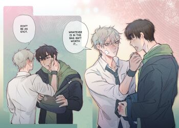 Rule 34 | 2boys, alien stage, black hair, black jacket, black necktie, blazer, blood, chimfucius, collared shirt, commentary, diagonal-striped clothes, diagonal-striped necktie, english commentary, english text, green hoodie, grey hair, hood, hoodie, ivan (alien stage), jacket, jacket over hoodie, male focus, multiple boys, necktie, shirt, short hair, striped clothes, till (alien stage), very short hair, white shirt, wiping, wristband