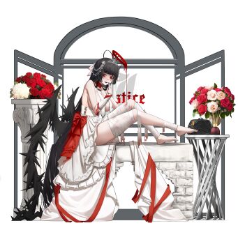 1girl absurdres alternate_costume antenna_hair bandaged_leg bandages bare_shoulders black_hair black_nails black_wings blood blood_halo blue_archive blush breast_curtains breasts dress feet finger_to_mouth flower frills full_body halo highres incredibly_absurdres jaffna large_breasts liquid_halo long_hair looking_at_viewer low_wings open_mouth red_eyes red_halo red_ribbon ribbon rose sharp_teeth sitting smile teeth tiara tsurugi_(blue_archive) very_long_hair white_dress wings