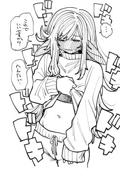 1girl blush cameltoe clothes_lift elf embarrassed full-face_blush greyscale highres long_hair long_pointy_ears monochrome navel original pointy_ears shirt_lift simple_background sweater tarotanat turtleneck turtleneck_sweater white_background