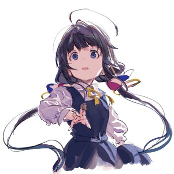 1girl ahoge blue_dress blue_eyes cowboy_shot dress floating_hair highres hinatsuru_ai holding long_hair long_sleeves looking_at_viewer low_twintails making_faces neck_ribbon parted_lips pinafore_dress ribbon ryuuou_no_oshigoto! shirabi shirt shogi_piece simple_background sleeveless_dress solo twintails very_long_hair white_background white_shirt yellow_ribbon