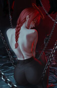 1girl absurdres ass bekus braid chain chainsaw_man glowing glowing_eyes highres looking_at_viewer looking_back makima_(chainsaw_man) mouse_(animal) pants red_hair topless_female water yellow_eyes