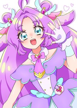 Rule 34 | 1girl, :d, absurdres, ahoge, akechi anna, blue eyes, bow, brooch, commentary request, cure answer, dot nose, double bun, dress, fingerless gloves, gloves, hair bun, hair intakes, hair ornament, heart, heart brooch, heart in eye, highres, jewelry, long hair, looking at viewer, magical girl, meitantei precure!, open mouth, pouch, precure, purple bow, purple dress, purple gloves, purple hair, purple theme, shiny skin, simple background, smile, solo, symbol in eye, upper body, white background, zumomo (amvs8557)