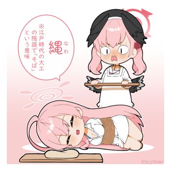 Rule 34 | <|> <|>, 2girls, :d, ahoge, apron, bdsm, beret, black hat, black wings, blue archive, blush, bondage, bound, breasts, capriccyo, chibi, cleavage, closed eyes, collared shirt, commentary request, dress shirt, feathered wings, gradient background, halo, hanako (blue archive), hanako (swimsuit) (blue archive), hat, head wings, highres, kappougi, koharu (blue archive), large breasts, long hair, low wings, lying, multiple girls, on side, open mouth, pink background, shirt, shokunin to hitozuma, smile, standing, translation request, twintails, twitter username, v-shaped eyebrows, very long hair, wavy mouth, white apron, white background, white shirt, wings