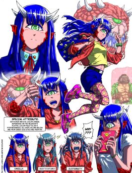 1boy 1girl abs argyle_clothes argyle_legwear bag blue_hair blue_shorts blush bracelet breasts cacodemon colored_skin commentary cyclops demon_girl demon_horns diary doom_(series) doomguy embarrassed english_commentary english_text fangs female_pervert helmet highres hood hoodie horns imagining jewelry long_hair multiple_views muscular nose_blush one-eyed open_clothes open_hoodie pantyhose personification pervert pink_pantyhose pink_skin pointy_ears scales scar school_bag school_uniform shoes shorts slit_pupils small_breasts sneakers solo_focus substance20 thumbs_down watch watermark web_address wristwatch