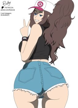 ass black_shirt blue_eyes brunette_hair_female cap denim denim_shorts hilda_(pokemon) jeans jeans_shorts long_hair looking_back nintendo pants pokemon pussy rubylola shirt shorts smile watch white_cap