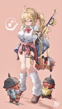 1girl 3others ahoge alternate_breast_size_(larger) arm_belt artist_logo bag baseball_bat black_helmet blank_eyes blonde_hair blue_skirt blush boar breasts brown_shoes chain chest_bow closed_mouth clothes_around_waist colored_skin combat_helmet commentary_request drill_hair drill_sidelocks ear_piercing gold_chain hair_between_eyes hair_ornament hairpin helmet highres leg_warmers logo looking_at_viewer luciana_de_montefio lucy&#039;s_crew_(zenless_zone_zero) metal_baseball_bat multiple_others musical_note orange_eyes pickelhaube piercing pinjirooo pink_background ponytail red_skin school_bag shadow shirt shoes shoulder_bag sidelocks skirt smile spoken_musical_note standing tears thigh_strap white_leg_warmers white_shirt zenless_zone_zero