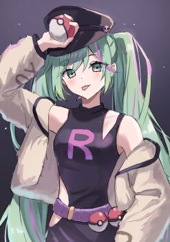 1girl absurdres arm_up bare_shoulders belt black_background black_hat breasts brown_jacket clothing_cutout commentary_request green_eyes green_hair hat hatsune_miku highres hip_vent holding holding_poke_ball jacket k2_(kazu1030) long_hair long_sleeves nintendo off_shoulder party_rock_eternity_(vocaloid) poke_ball pokemon project_voltage shoulder_cutout sidelocks simple_background team_rocket tongue tongue_out twintails upper_body vocaloid