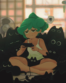 1girl absurdres black_cat black_shorts cat chinese_commentary collarbone commentary commentary_request controller electric_fan embarrassed english_commentary full_body game_controller green_hair highres holding holding_controller holding_game_controller indian_style jitome lamb_goes_baaaaa mixed-language_commentary multilingual_commentary on_floor original shirt shorts sitting solo speech_bubble spoken_skull sweatdrop too_many too_many_cats wavy_mouth white_shirt