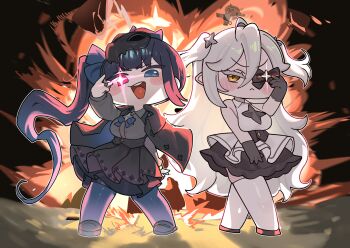 &gt;_&lt; 2girls 3girls absurdres black_bow black_gloves black_mask blue_eyes blue_hair blue_pantyhose bow chibi chibi_only chuunibyou closed_mouth curryman_(curryman06) ed_(trickcal) explosion gloves hair_between_eyes hair_ornament hair_ribbon heterochromia highres jewelry long_hair looking_at_viewer marie_(trickcal) mask mask_on_head multicolored_hair multiple_girls open_mouth pantyhose pink_eyes pointy_ears ribbon ring side_ponytail sleeveless teeth thighhighs trickcal two_side_up upper_teeth_only very_long_hair white_hair white_thighhighs xion_(trickcal)