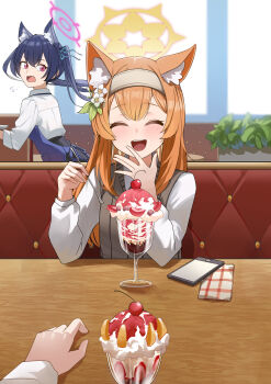 1boy 2girls ^_^ absurdres alternate_costume animal_ear_fluff animal_ears black_hair blue_archive cat_ears cat_girl cellphone closed_eyes extra_ears flower food hair_between_eyes hair_flower hair_ornament halo highres indoors long_hair mari_(blue_archive) multiple_girls open_mouth orange_hair parfait phone pink_halo pov pov_hands red_eyes restaurant sensei_(blue_archive) serika_(blue_archive) twintails yellow_halo zaq_(zaqsta)