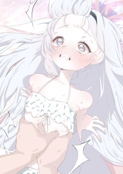 1boy 1girl absurdres alternate_costume alternate_hairstyle bare_arms bare_legs bare_shoulders beach belly bikini black_hairband blue_archive blush braid breasts collarbone covered_navel falling flat_chest frilled_bikini frilled_panties frills grabbing_another&#039;s_stomach grey_eyes groping hair_lift hair_ribbon hairband halo highres long_hair navel off-shoulder_bikini off_shoulder open_mouth panties plana_(blue_archive) red_halo ribbon sensei_(blue_archive) sharp_to_sharp skirt small_breasts stomach sweat swimsuit thick_eyebrows underwear white_bikini white_hair white_panties white_ribbon white_skirt