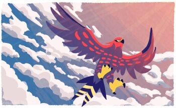 absurdres beak bird black_eyes cloud cloudy_sky falcon feathers flying gen_6_pokemon grey_feathers hashtag-only_commentary highres light_rays nama86 nintendo no_humans pokemon pokemon_(creature) red_feathers sky sunbeam sunlight talonflame talons wings