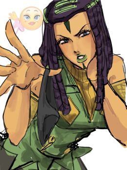 Rule 34 | 1girl, 32jcsi, armband, black hair, black panties, breasts, commentary request, dark-skinned female, dark skin, dreadlocks, emoji, ermes costello, facial mark, green lips, green vest, grey eyes, hair ornament, hand up, head on hand, highres, jojo no kimyou na bouken, large breasts, looking at viewer, panties, panties around one finger, parted lips, simple background, sketch, sleeveless, sleeveless turtleneck, solo, stone ocean, turtleneck, underwear, vest, white background