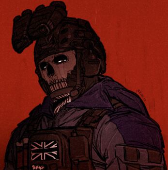 1boy balaclava bulletproof_vest call_of_duty call_of_duty:_modern_warfare_2 collared_jacket combat_helmet commentary ghost_(modern_warfare_2) hashtag-only_commentary head-mounted_display helmet highres jacket k4nczz looking_down male_focus mask military_combat_uniform military_uniform narrowed_eyes pouch red_background shoulder_pouch simple_background skull_mask solo twitter_username union_jack upper_body vest wing_collar