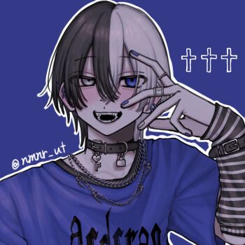 Rule 34 | 1boy, arm warmers, belt, belt buckle, belt collar, black arm warmers, black belt, black collar, black hair, blue background, blue eyes, blue shirt, buckle, collar, cross, crossed bangs, double-parted bangs, fingernails, grey eyes, grey hair, hair between eyes, hand on own face, hand up, heterochromia, highres, jewelry, latin cross, looking at viewer, male focus, multicolored hair, multicolored nails, multiple rings, nail polish, necklace, nmnr ut, open mouth, original, outline, portrait, ring, shirt, short hair, simple background, smile, solo, split-color hair, striped arm warmers, two-tone hair, white outline