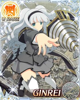 Rule 34 | 1girl, ahoge, aqua eyes, black hairband, breasts, card (medium), cleavage, closed mouth, coat, drill, drill hair, drill polearm, drill sidelocks, flower, game cg, ginrei (senran kagura), grey coat, grey hair, grey skirt, hair flower, hair ornament, hairband, large breasts, light frown, long hair, multiple drills, non-web source, official alternate costume, official art, outstretched arm, senran kagura, senran kagura new wave, sidelocks, skirt, solo, thighhighs, weapon, white thighhighs, zodiac wheel