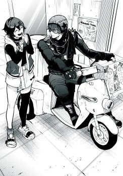 03_kyv 1boy 1girl belle_(zenless_zone_zero) black_boots black_jacket black_shirt black_thighhighs boots closed_eyes commentary crossed_bangs full_body greyscale hair_between_eyes hair_ornament helmet highres interlocked_fingers jacket letter_hair_ornament lighter_(zenless_zone_zero) looking_at_another monochrome motor_vehicle motorcycle motorcycle_helmet on_motorcycle open_clothes open_mouth own_hands_together scarf shirt shoes short_hair shoulder_spikes single_thighhigh sleeveless sleeveless_jacket spiked_jacket spikes sunglasses symbol-only_commentary thighhighs white_shoes zenless_zone_zero