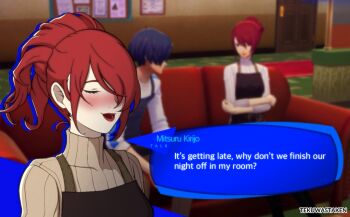 1boy 1girl apron blue_hair blush closed_eyes flirting kirijou_mitsuru long_hair persona persona_3 persona_3_reload ponytail presenting red_hair tekuwastaken yuuki_makoto_(persona_3)
