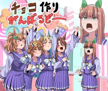Rule 34 | 5girls, ahoge, animal ears, arm up, blonde hair, blue eyes, blunt bangs, bow, breasts, brown hair, clenched hands, closed eyes, clover hair ornament, commentary request, ear covers, green eyes, hair between eyes, hair ornament, hand on own chest, highres, horse ears, horse girl, horse tail, large breasts, long hair, long sleeves, matikanefukukitaru (umamusume), multiple girls, music, neo universe (umamusume), open mouth, orange hair, pleated skirt, ponytail, school uniform, shino (ponjiyuusu), short hair, silence suzuka (umamusume), singing, skirt, small breasts, sounds of earth (umamusume), star-shaped pupils, star (symbol), star hair ornament, sweatdrop, symbol-shaped pupils, taiki shuttle (umamusume), tail, thighhighs, tracen school uniform, translation request, turn pale, umamusume, yellow eyes, zettai ryouiki