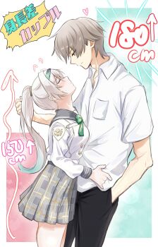 1boy 1girl absurdres ajft52o4jw30403 blush bow bowtie breast_pocket buttons caelus_(honkai:_star_rail) collared_shirt double-breasted firefly_(honkai:_star_rail) firefly_(spring_missive)_(honkai:_star_rail) gradient_hair green_bow green_bowtie grey_sailor_collar grey_skirt height_difference highres honkai:_star_rail honkai_(series) long_hair long_sleeves multicolored_hair plaid_bow plaid_bowtie plaid_clothes pleated_skirt pocket ponytail sailor_collar shirt skirt trailblazer_(honkai:_star_rail) white_shirt white_sleeves