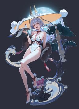 1girl absurdres adapted_costume alcohol bottle breasts choko_(cup) cleavage commentary_request cup dark_background doro_(nikke) feather_boa full_body goddess_of_victory:_nikke grey_hair high_heels highleg highleg_leotard highres holding holding_tray leotard long_hair looking_at_viewer medium_breasts open_mouth pom_pom_(clothes) red_eyes sake sake_bottle scarlet_(nikke) shoes simple_background smile strapless strapless_leotard thighs tokkuri tray white_leotard white_shoes xi_xeong