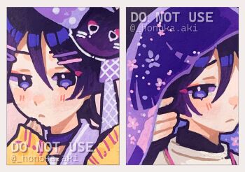 2boys alternate_costume artist_name blue_hair blush closed_mouth commentary english_commentary english_text flower genshin_impact hair_ornament hand_up looking_at_viewer mchang2312 multiple_boys scaramouche_(cat)_(genshin_impact) scaramouche_(genshin_impact) scaramouche_(kabukimono)_(genshin_impact) short_hair twitter_username white_background