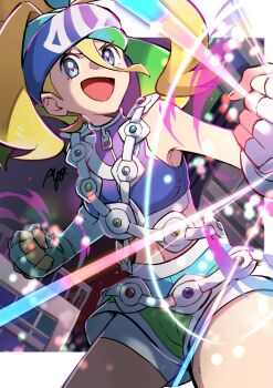 1girl :d ayo_(ayosanri009) belt blonde_hair blue_eyes clenched_hands commentary crop_top fingerless_gloves gloves hair_between_eyes highres korrina_(pokemon) long_bangs looking_at_viewer mega_stone midriff nintendo open_mouth pokemon pokemon_legends:_z-a shorts signature smile solo white_gloves