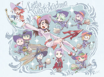 6+girls amanda_o'neill artist_name bag_of_chips belt black_pants black_ribbon blonde_hair blue_belt blue_ribbon blue_skirt boots bow braid broom broom_riding brown_belt brown_hair chibi cloak closed_eyes closed_mouth collared_shirt commentary constanze_amalie_von_braunschbank-albrechtsberger controller copyright_name croix_meridies cube diana_cavendish dress dripping drone eyeshadow flask flying glasses goggles goggles_on_headwear green_belt green_eyes green_hair green_ribbon grin hair_between_eyes hair_bow hair_over_one_eye hair_over_shoulder hand_on_own_hip hat highres holding holding_controller holding_flask holding_wand hood hood_down jasminka_antonenko kagari_atsuko kiichi knee_boots little_witch_academia long_dress long_hair looking_at_viewer lotte_jansson low-tied_long_hair luna_nova_school_uniform makeup medium_hair multiple_girls one_eye_covered open_mouth pants pink_hair pleated_skirt potion purple_boots purple_dress purple_eyeshadow purple_hair purple_hat purple_hood red-framed_eyewear red_belt red_boots red_bow red_cloak red_eyes red_hair red_ribbon ribbon robot round_eyewear school_uniform semi-rimless_eyewear shiny_chariot shirt shooting_star_(little_witch_academia) short_dress short_hair sidesaddle signature skirt skull smile sparkle spirit sucy_manbavaran twin_braids twintails ursula_charistes wand white_boots white_dress white_hat white_shirt witch witch_hat