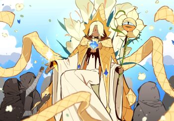 1boy bandaged_arm bandages black_bridal_gauntlets black_shirt blonde_hair blue_gemstone bridal_gauntlets brooch calla_lily cloak closed_eyes cloud colored_eyelashes commentary cookie_run cookie_run:_kingdom covered_face crown_hat dark-skinned_male dark_skin day dirty dirty_clothes disembodied_eye english_commentary facial_mark falling_petals feet_out_of_frame flower forehead_mark gem grey_cloak highres holding holding_staff hood hood_up hooded_cloak humanization jewelry long_sleeves male_focus ohta_guk_hip open_hand outstretched_arm outstretched_hand parted_bangs patchwork_clothes people petals pointy_hat pure_vanilla_cookie robe shirt short_hair sitting smile solo_focus staff turtleneck white_flower white_robe wide_sleeves yellow_cloak yellow_headwear