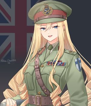 1girl absurdres artist_name belt blonde_hair blue_eyes breast_pocket british_army brown_belt collar_tabs collared_shirt commentary drill_hair flag_background green_hat green_jacket green_necktie hair_between_eyes hat hat_ornament highres holding_baton jacket leather_belt leochan1202 long_hair long_sleeves looking_at_viewer military military_rank_insignia military_uniform necktie open_mouth original patch peaked_cap pocket ribbon_bar shirt shoulder_patch sidelocks smile solo union_jack upper_body very_long_hair white_shirt world_war_ii