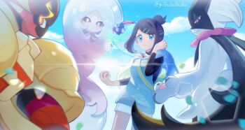 1girl armarouge black_hair blue_eyes blue_hair blue_sky breasts cowboy_shot gen_8_pokemon group_picture hatterene highres hood hood_down hoodie liko_(pokemon) meowscarada multicolored_hair nintendo pokemon pokemon_(anime) pokemon_(creature) pokemon_horizons purple_eyes shorts sky terapagos terapagos_(terastal) twitter_username two-tone_hair white_shorts yibuzhai