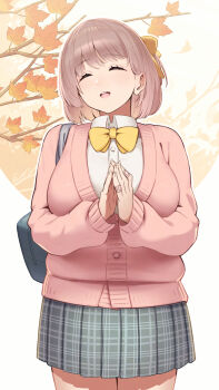 Rule 34 | 1girl, blouse, blush, bow, bowtie, breasts, buttons, collared shirt, commentary, english commentary, hair between eyes, hair bow, highres, long sleeves, original, pink sweater, pleated skirt, sawasa, school uniform, shirt, skirt, smile, sweater, white shirt, wing collar, yellow bow, yellow bowtie