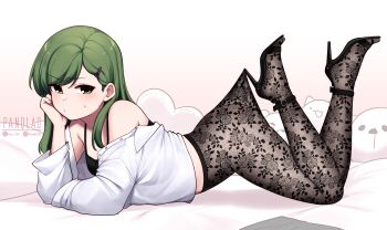 1girl arched_back artist_name black_bra bra closed_mouth embarrassed feet_up from_side full_body green_eyes grey_hair hair_behind_ear hair_ornament hairclip high-waist_pantyhose high_heels highres igarashi_futaba lace_pantyhose lace_pantyhose_hooked_on_heel_(meme) legs looking_at_viewer lying medium_hair meme on_stomach open_clothes open_shirt panqlao pantyhose senpai_ga_uzai_kouhai_no_hanashi shirt the_pose underwear white_shirt