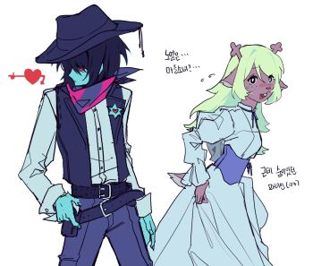 1girl 1other alternate_costume animal_ears antlers bandana bandana_around_neck belt black_eyes black_hat black_vest blonde_hair blue_bandana blue_skin colored_skin corset cowboy_hat deer_antlers deer_ears deer_girl deer_tail deltarune dress furry furry_female hat highres horns juliet_sleeves korean_text kris_(dark_world)_(deltarune) kris_(deltarune) kris_(shootout)_(deltarune) long_hair long_sleeves noelle_holiday noelle_holiday_(dark_world) official_alternate_costume open_mouth pants pink_bandana puffy_sleeves purple_corset r0ut3 red_eyes shirt short_hair skirt_hold soul_(deltarune) striped_bandana tail translation_request utdr_(toby_fox) vest white_dress white_shirt