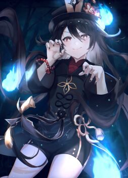 Rule 34 | 1girl, absurdres, bead bracelet, beads, black nails, black shorts, blush, bracelet, brown coat, brown hair, brown hat, coat, coattails, commentary request, cowboy shot, dark, flower, flower-shaped pupils, genshin impact, ghost, ghost pose, hands up, hat, hat flower, highres, hitodama, hu tao (genshin impact), jewelry, long hair, looking at viewer, lucio (luci0 52), night, orange eyes, plum blossoms, porkpie hat, revision, ring, short shorts, shorts, smile, solo, standing, star (symbol), symbol-shaped pupils, tailcoat, tassel, thighs, thumb ring, tree, twintails