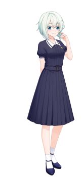 1girl arm_behind_back artist_request belt black_belt black_shirt black_skirt blue_hair blue_shoes cinderella_series closed_mouth hachigatsu_no_cinderella_nine hair_between_eyes highres looking_at_viewer mashiro_rei_(hachigatsu_no_cinderella_nine) official_art sailor_collar school_uniform shirt shoes short_hair short_sleeves skirt socks solo transparent_background white_hair white_sailor_collar white_socks