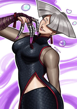 1girl a.k.i._(street_fighter) abstract_background black_dress breasts bubble chain claws closed_eyes dress earrings heart highres jewelry nire_(nirefuster) one_eye_covered sleeveless smile snake_print solo street_fighter street_fighter_6 white_hair