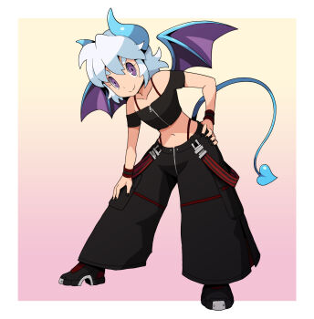 crop_top crossdressing demon demon_boy demon_horns demon_tail demon_wings femboy highres horns pointy_ears purple_eyes sandy sulfur tail thong trap white_hair wings
