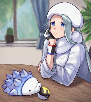 1girl blue_eyes blue_skin caterpillar colored_skin dynamax_band earrings fur_collar fur_hat gen_8_pokemon hat highres jewelry long_hair long_sleeves mature_female melony_(pokemon) multicolored_hair nintendo pearl_earrings plump poke_ball pokemon pokemon_(creature) pokemon_swsh smile snom streaked_hair sweater totennko ultra_ball ushanka white_hat white_skin white_sweater