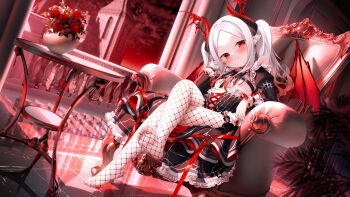 1girl arm_support armchair balcony black_dress blush breasts bright_pupils chair chen_bin closed_mouth cloud commentary_request crossed_legs demon_horns demon_wings dress earrings feet fishnet_pantyhose fishnets flower forehead full_body gothic_lolita hand_on_own_face head_tilt highres horns jewelry juliet_sleeves legs lolita_fashion long_hair long_sleeves looking_at_viewer no_shoes original pantyhose parted_bangs plant pointy_ears potted_plant puffy_sleeves railing red_eyes red_flower red_rose red_sky rose sitting sky slit_pupils small_breasts smile soles solo table toes tower twintails vase white_hair white_pupils wings