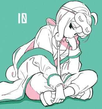 1boy ahoge androgynous aqua_background aqua_theme black_eyes bored character_name closed_mouth collared_shirt commentary_request full_body hand_on_own_cheek hand_on_own_face hand_up head_rest highres indian_style jacket jewelry kaxxxxx_324 leaning_forward limited_palette long_hair looking_at_viewer male_focus mask mask_on_head multiple_rings necktie open_clothes open_jacket pants puyopuyo puyopuyo_quest ring shirt shoes sideways_glance simple_background sitting sleep_mask sleeve_cuffs solo ten_(puyopuyo) very_long_hair