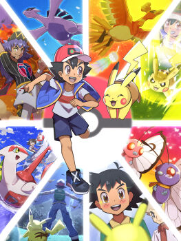 Rule 34 | 3boys, :3, ^ ^, antenna hair, arm up, baseball cap, bird, black hair, black hat, black shirt, black shoes, blue shorts, blue vest, blush, brown eyes, butterfree, champion uniform, charizard, closed eyes, closed mouth, commentary request, dynamax, electricity, flying, gen 1 pokemon, gen 2 pokemon, gen 3 pokemon, gigantamax, gigantamax charizard, grin, hat, highres, ho-oh, inana umi, latias, latios, legendary pokemon, leon (pokemon), lugia, multiple boys, multiple views, nintendo, open clothes, open mouth, open vest, orange scarf, pikachu, poke ball, poke ball (basic), poke ball symbol, pokemon, pokemon (anime), pokemon (classic anime), pokemon (creature), pokemon journeys, professor oak, rainbow feather (pokemon), red hat, riding, riding pokemon, scarf, scene reference, shirt, shoes, short hair, short sleeves, shorts, smile, spearow, storm, t-shirt, tearing up, teeth, upper teeth only, v-shaped eyebrows, vest, white shirt, white shorts, wingull, yellow eyes