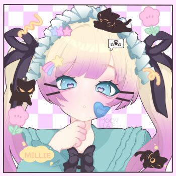 1girl animal bandaid bandaid_on_cheek bandaid_on_face black_bow black_bowtie black_ribbon blonde_hair blue_dress blue_eyes border bow bowtie cat checkered_background commentary dress gradient_hair hair_ribbon hand_up heart heart-shaped_bandaid heart-shaped_pupils highres long_hair long_sleeves looking_at_viewer lucie_(millie_parfait) maid_headdress millie_parfait moontae multicolored_hair nijisanji nijisanji_en parted_bangs parted_lips pink_background pink_border pink_hair portrait ribbon solo symbol-shaped_pupils virtual_youtuber