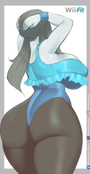 1girl absurdres alternate_breast_size_(larger) alternate_costume arms_behind_head ass black_hair black_pantyhose blue_one-piece_swimsuit border breasts casual_one-piece_swimsuit colored_skin commentary cowboy_shot curvy english_commentary facing_away ferdinandusdart frilled_one-piece_swimsuit frills from_behind grey_border highres huge_ass huge_breasts long_hair low_ponytail nintendo one-piece_swimsuit outside_border pantyhose ponytail solo swimsuit thick_thighs thighs white_background white_skin wide_hips wii_fit wii_fit_trainer wii_fit_trainer_(female)